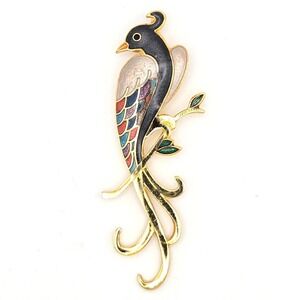 Fish Brand Vintage Cloisonne Bird of Paradise Brooch Gold Tone Colorful Enamel
